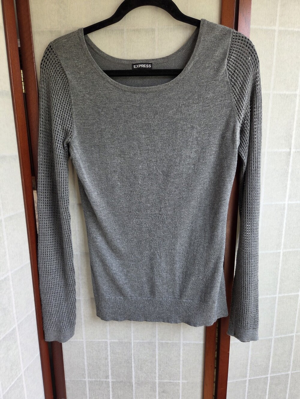 EXPRESS Gray Open Knit Mesh Sleeve Sweater Medium Boho Minimalist Casual Coquet